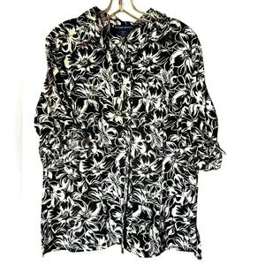 Women's 100% Cotton Size L Karen Scott Rolled Sleeve Black & White Blouse
